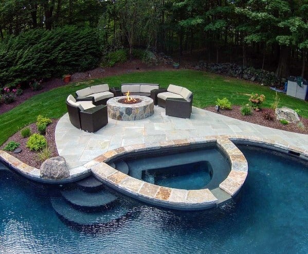 Pool with stone firepit plus Hot Tub and landscaping